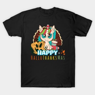 Happy HalloThanksMas Unicorn Funny Halloween Christmas Thanksgiving T-Shirt